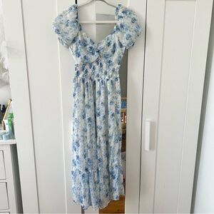 Floral Puff Sleeve Midi Dress | Blue & White Cottagecore Tie Front Dress | S
